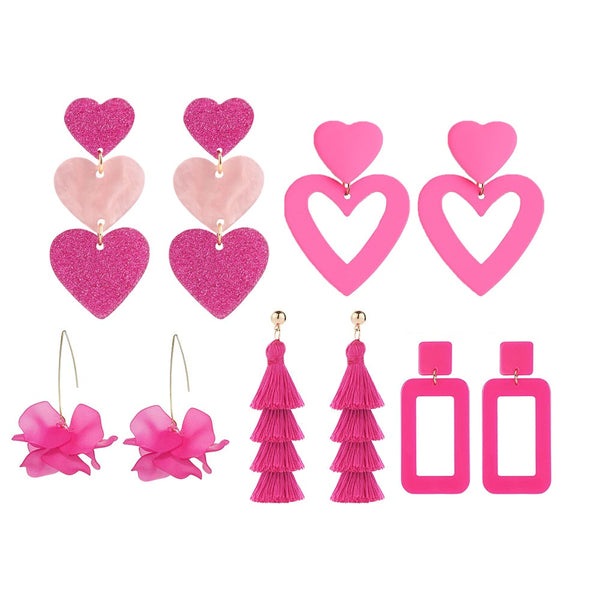 Veile Studios 5Pairs Of Barbie Inspired Dangling Drop Statement Accessories Women Pink Earrings