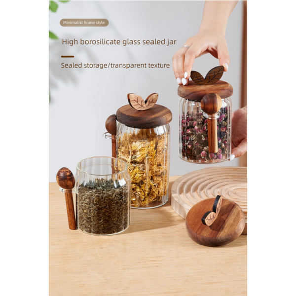 500Ml Premium Borosilicate Glass Storage Jar With Acacia Wood Lid & Integrated Spoon Airtight Moisture Proof Kitchen Canister For Tea Coffee And Spice