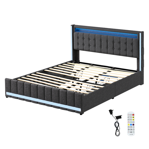 Levede King Bed Frame Fabric Storage Drawer Led Usb King Bed Frames