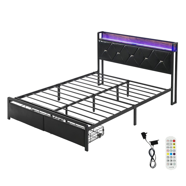 Levede Double Metal Bed Frame Led Lights 2 Drawers Double Bed Frames