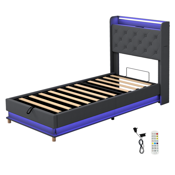 Levede Single Bed Frame Gas Lift Storage Led Light Usb Single Bed Frames