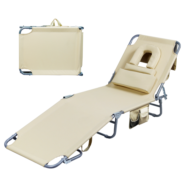 Levede Foldable Beach Lounge Chairs With Face Hole Khaki Loungers