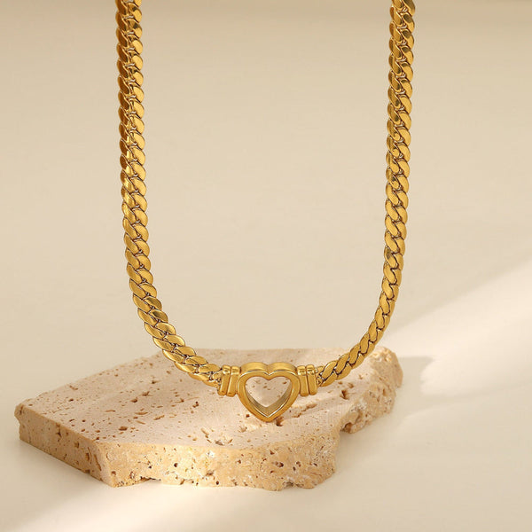 Stainless Steel Cuban Chain Heart Shaped Necklace With Hollowed Out Flat Snake Pendant For Women Necklaces & Pendants