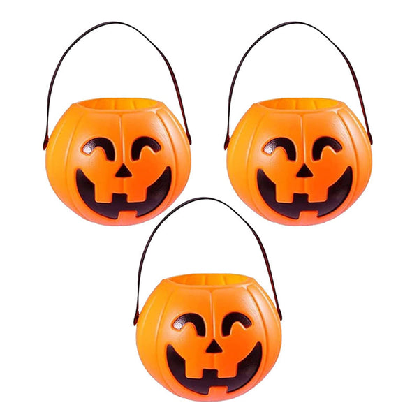 3 Pack 7 Inch Plastic Halloween Pumpkin Buckets Kids' Trick Or Treat Candy Holders & Home Decor Seasonal Decorations
