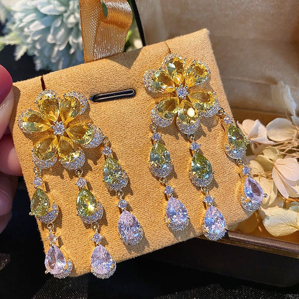 Veile Studios S925 Silver Needle Flower Tassel With Gradient Colored Zircon Details Earrings