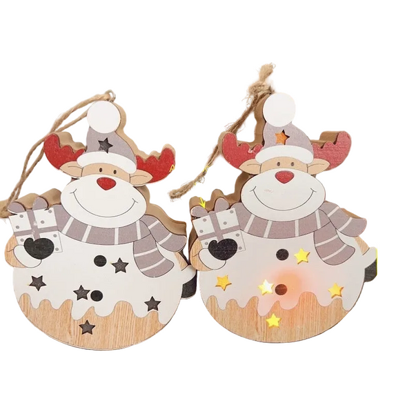 Christmas Nordic Style Decorations Window Display Santa Claus Snowman Glowing Wooden Hanging Ornament 2 Of Them Seasonal Decorations