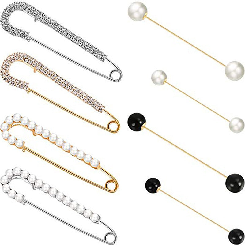 Veile Studios One Line Set Brooch Double Headed Pearl Zircon Anti Glare Large Safety Pin Brooches