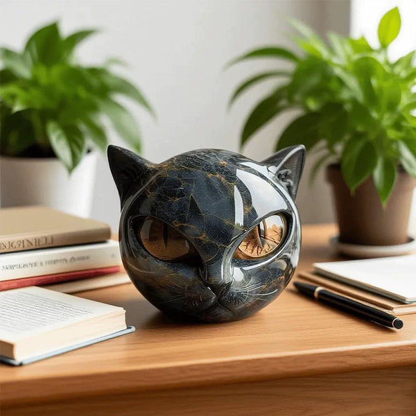 Black Cat Stone Statue (Resin Head Marble Texture): Healing Souvenir Gift Home/Office Desk Decor. Ornaments & Statues