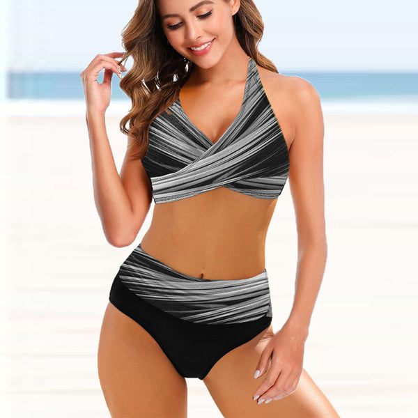 Women's Split Bikini Striped Tie Dye Hollow  High Waisted Swimsuit Swimwear