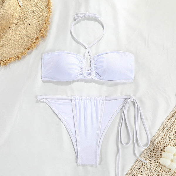 Solid Color Separated Bikini Women's Tube Top With Strap Swimwear
