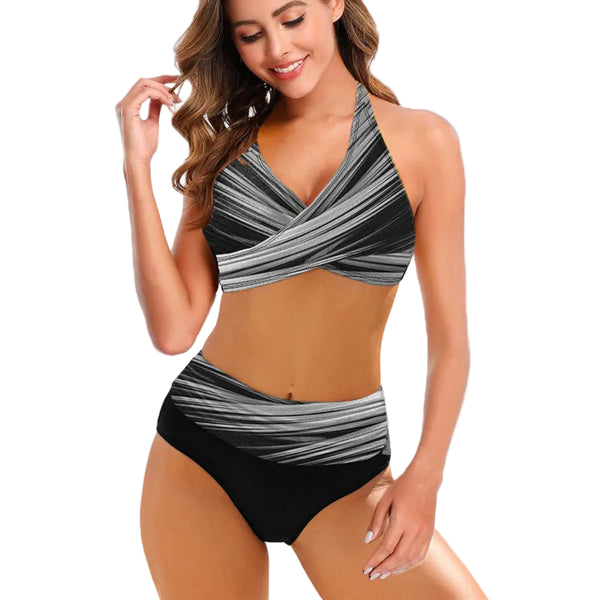 Women's Split Bikini Striped Tie Dye Hollow  High Waisted Swimsuit Swimwear