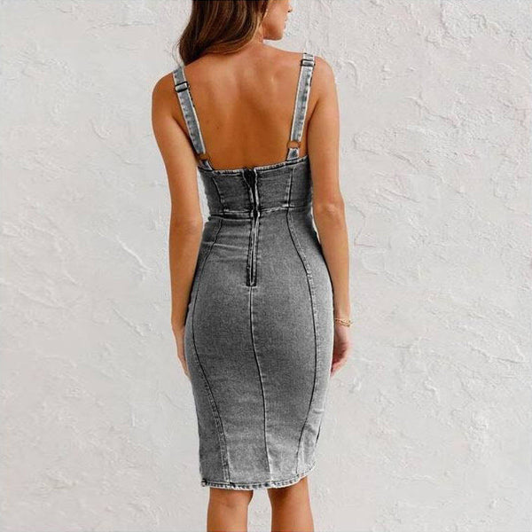 U Neck Suspender Denim Dress Summer Casual Slim Fit With Slit Design For Women Dresses