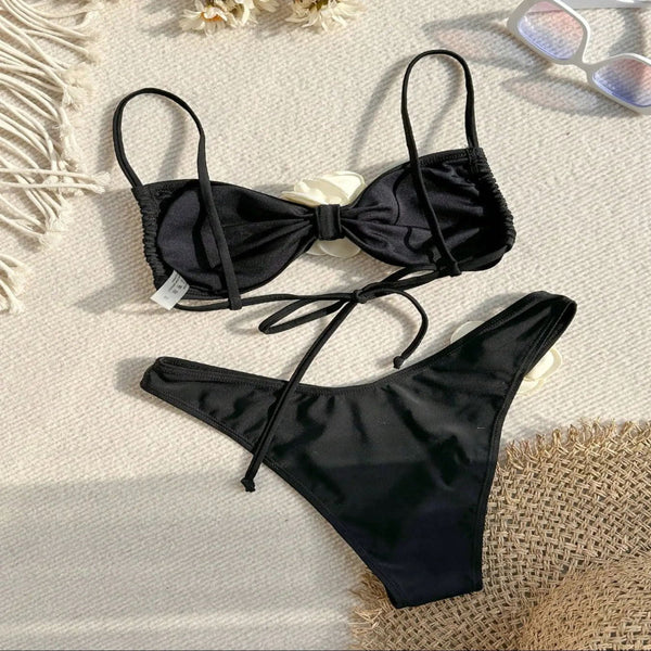 Floral Tie Strapless  Bikini Two Piece Swimsuit For Women Swimwear