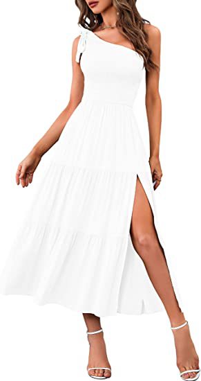 One Shoulder Pleated Layered Hem Split Womens Summer Unique Design Dresses