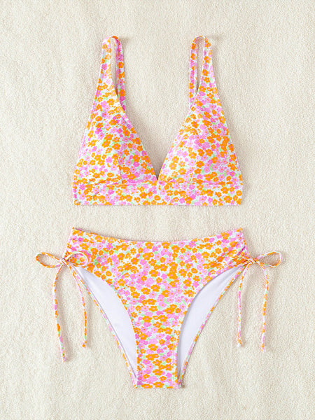 Small Floral Print Deep V  Two Piece Swimsuit Women Swimwear