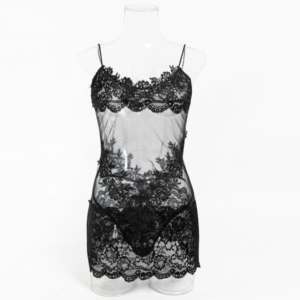 Dnika Mesh Splicing Strapless Nightgown Transparent  Bodycon Dress Spicy One Piece Short Skirt Set With Thong Sleepwear