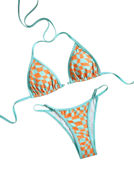 Checkerboard Split Bikini Swimsuit Printed  Vacation Blue Orange Swimwear