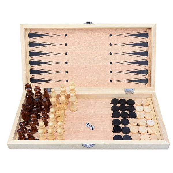 3 In 1 Folding Wooden Chess Set Family Board Games Checkers Backgammon