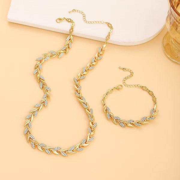 Luxury Leaf Shaped Rhinestone Bracelet And Necklace Set Sparkling Mermaid Full Party Jewelry For Women Bracelets