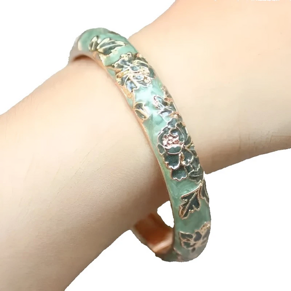 Peony Flower Chinese Filigree Traditional Cloisonne Enamel Ethnic Spring Hinged Cuff Bangles For Women Bracelets