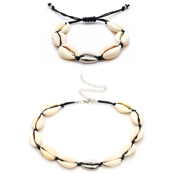 Necklace Bracelet Set Bohemian Style Hand Woven Short Collarbone Shell Bracelets