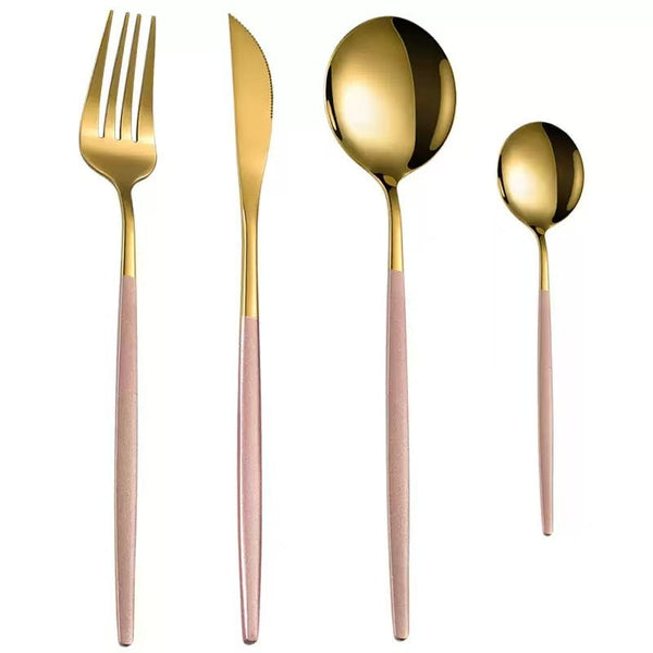 Stainless Steel Cutlery Set With Portuguese Gold Spray Painted Steak Knife Fork Spoon And Tea 4 Piece Gift Pack Cutlery Sets