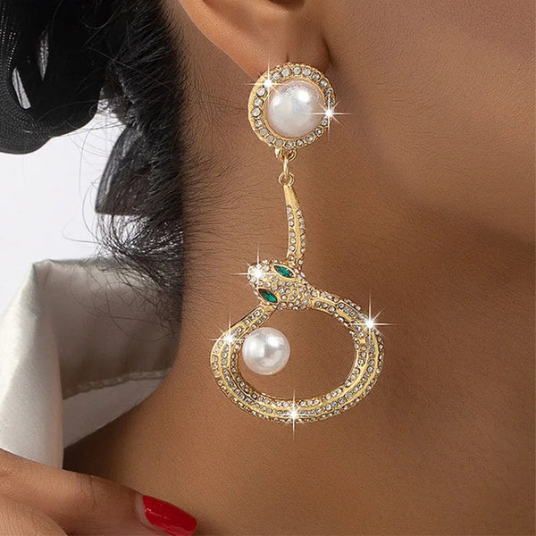 Veile Studios Gold Round Pearl With Crystal Accents And Snake Design For Women Earrings