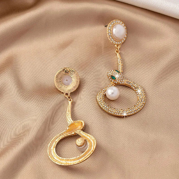 Veile Studios Gold Round Pearl With Crystal Accents And Snake Design For Women Earrings