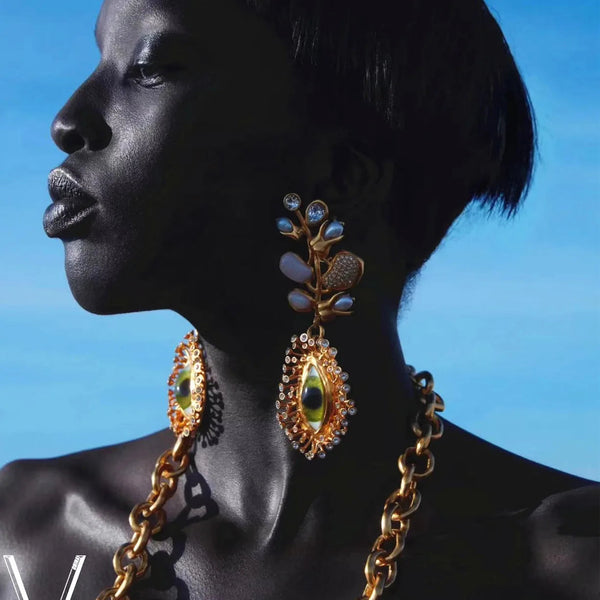 Veile Studios Diamond Leaf And Pearl Dangle With Eye Design For Women Earrings