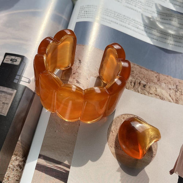 Veile Studios French Resin Open Bracelet Ring Set Retro Handicraft Accessory Rings