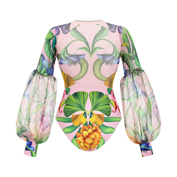 V Neck One Piece Swimsuit For Women Bubble Long Sleeved Sunscreen Printed Swimwear