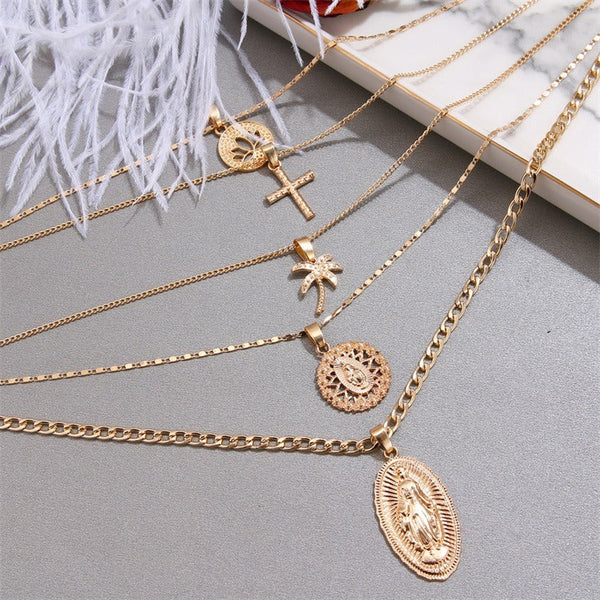 Veile Studios Retro Large Virgin Mary Golden Lotus Cross Multi Layer Pendant Necklace Necklaces & Pendants