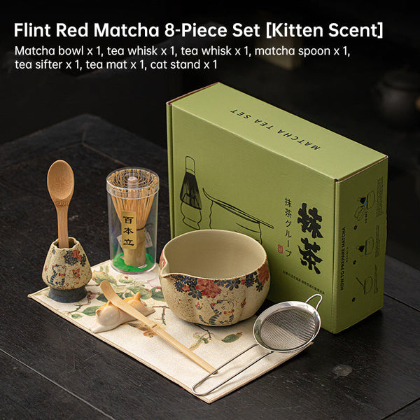 2 8Pcs Japanese Flint Red Matcha Set: Bamboo Whisk Bowl Box Exquisite Tea Tools Gift Teapots