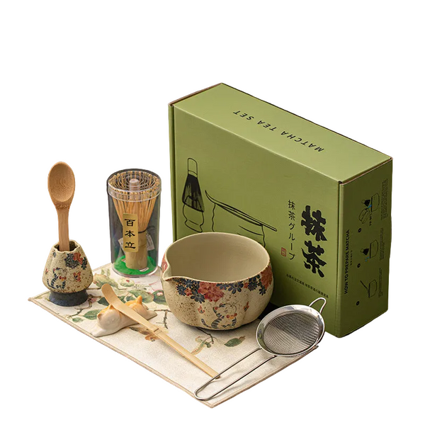 2 8Pcs Japanese Flint Red Matcha Set: Bamboo Whisk Bowl Box Exquisite Tea Tools Gift Teapots