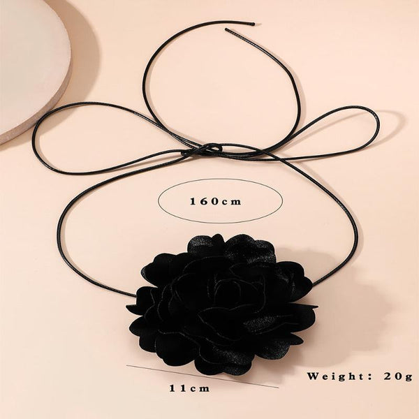Veile Studios Retro Black Satin Peony Flower Neck Strap Necklace For Evening Fashion Wear Necklaces & Pendants