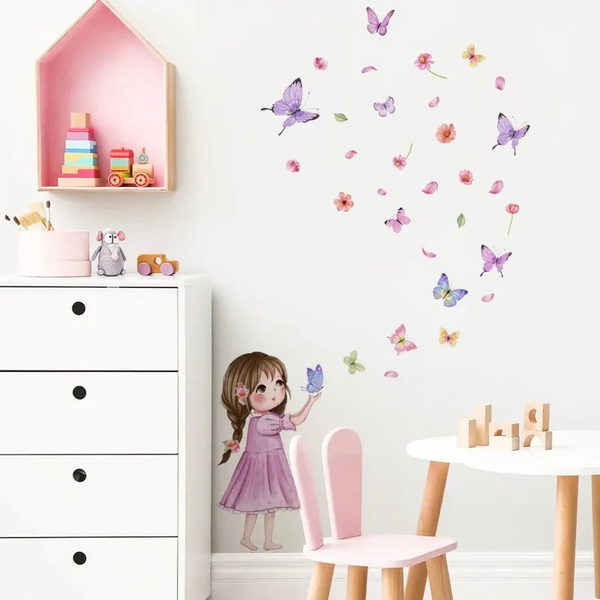 Cute Cartoon Butterfly Girl Wall Sticker Baby Room Kid Bedroom Kindergarten Background Decor Stickers Birthday Party Photo Wall Decals & Stickers