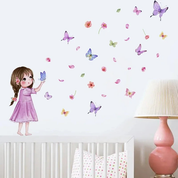 Cute Cartoon Butterfly Girl Wall Sticker Baby Room Kid Bedroom Kindergarten Background Decor Stickers Birthday Party Photo Wall Decals & Stickers