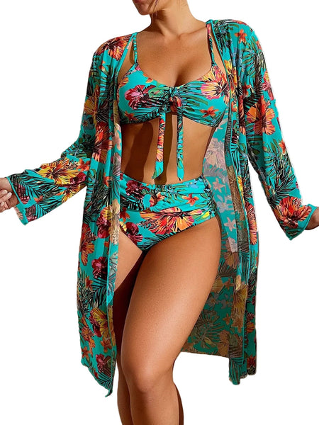 Long Top Split Three Piece Printed  Swimsuit Women's Bikini Swimwear