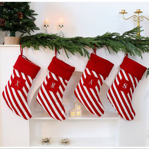 Festive Large Letter Christmas Stocking Red And White Stripe Tree Ornament Creative Holiday Decoration Seasonal Decorations