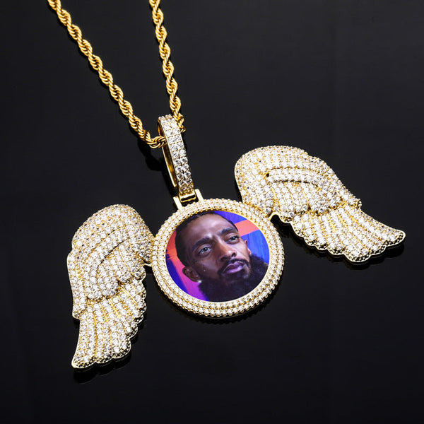Angel Wings Large Diy Photo Frame Pendant Full Zircon Jewelry Hip Hop Necklace Gold Australia Accessories Necklaces & Pendants