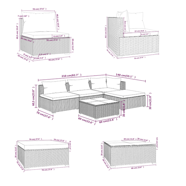 5 Piece Garden Lounge Set With Cushions Poly Rattan Brown Patio Furniture Sets