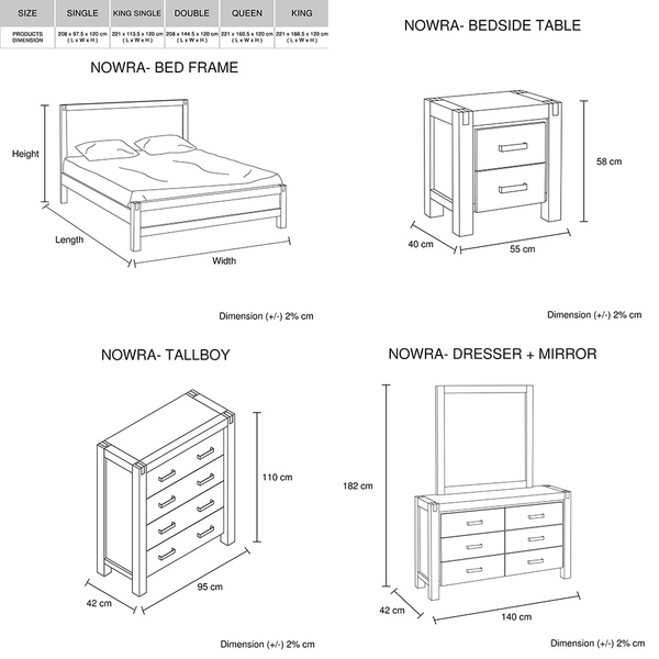 5 Pieces Bedroom Suite In Solid Wood Veneered Acacia Construction Timber Slat Queen Size Oak Colour Bedside Table Tallboy & Dresser Dressers & Chests