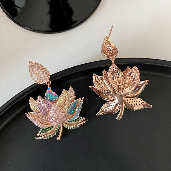 Veile Studios Lotus Plant Flower Inlaid Diamond Shaped Copper Earrings