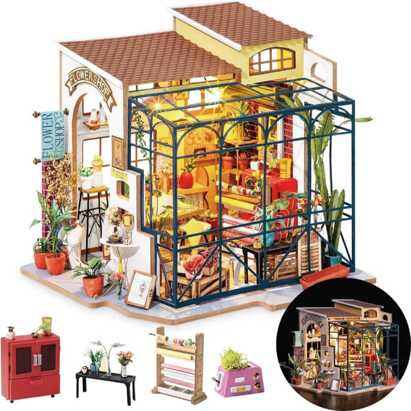 Robotime Rolife Diy Miniature House Kit Emily's Flower Shop Tiny For Adults To Build Making With Furniture Halloween Christmas Decorations Gifts Dg145