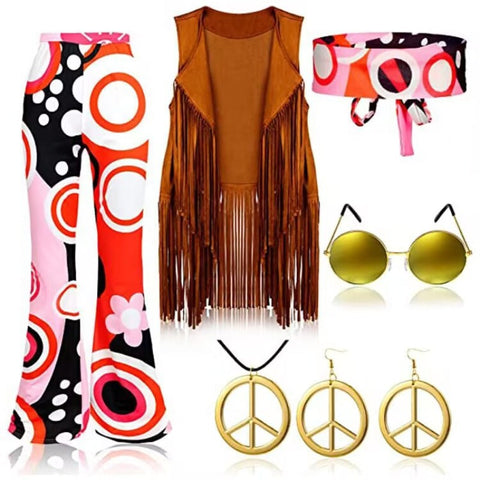 70S Hippie Party Clothing Tassel Vest Pants Headscarf Suit Polyester Unisex Costumes