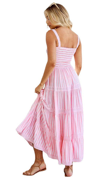 Striped Printed Suspenders Waist-Tight Holiday Dress Women
