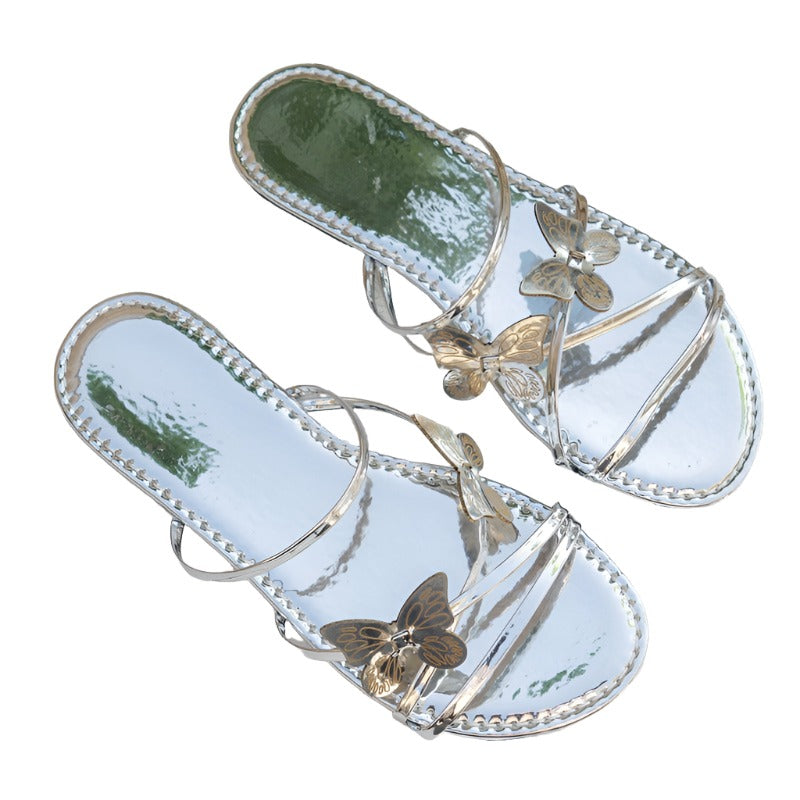 Fashion Butterfly Cross Strap Sandals For Women Casual Low Heel Flat Slides Flats