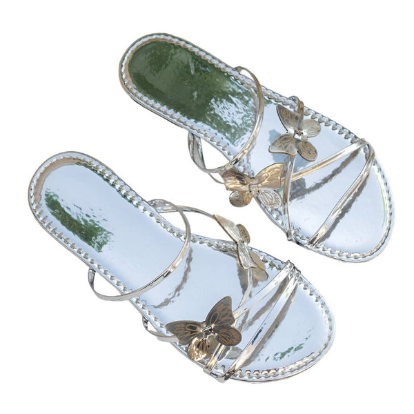 Fashion Butterfly Cross Strap Sandals For Women Casual Low Heel Flat Slides Flats