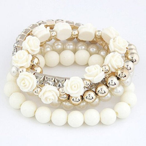 5Pcs Faux Pearl Floral Bracelets Color Assorted