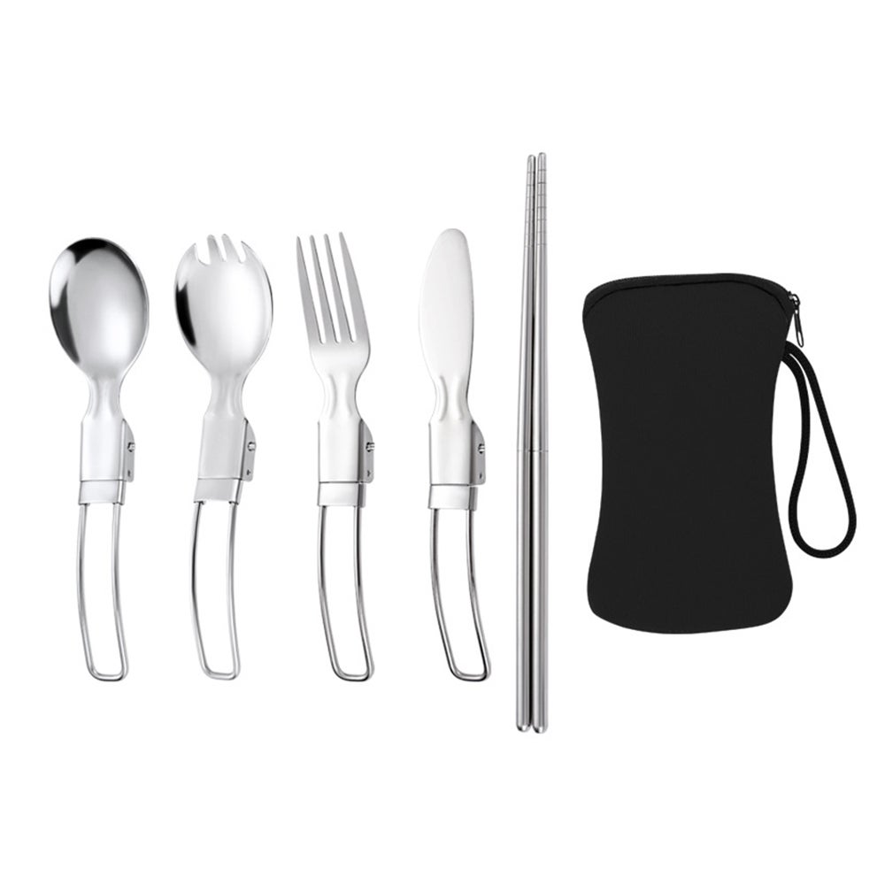 5 Pieces Folding Cutlery Set Foldable Stainless Steel Utensil With Storage Bags Outdoor Tableware